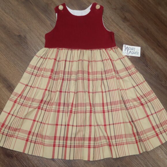 NWT Girls Jacob's Ladder Boutique Long Burgundy Plaid Fall Jumper Dress size 5